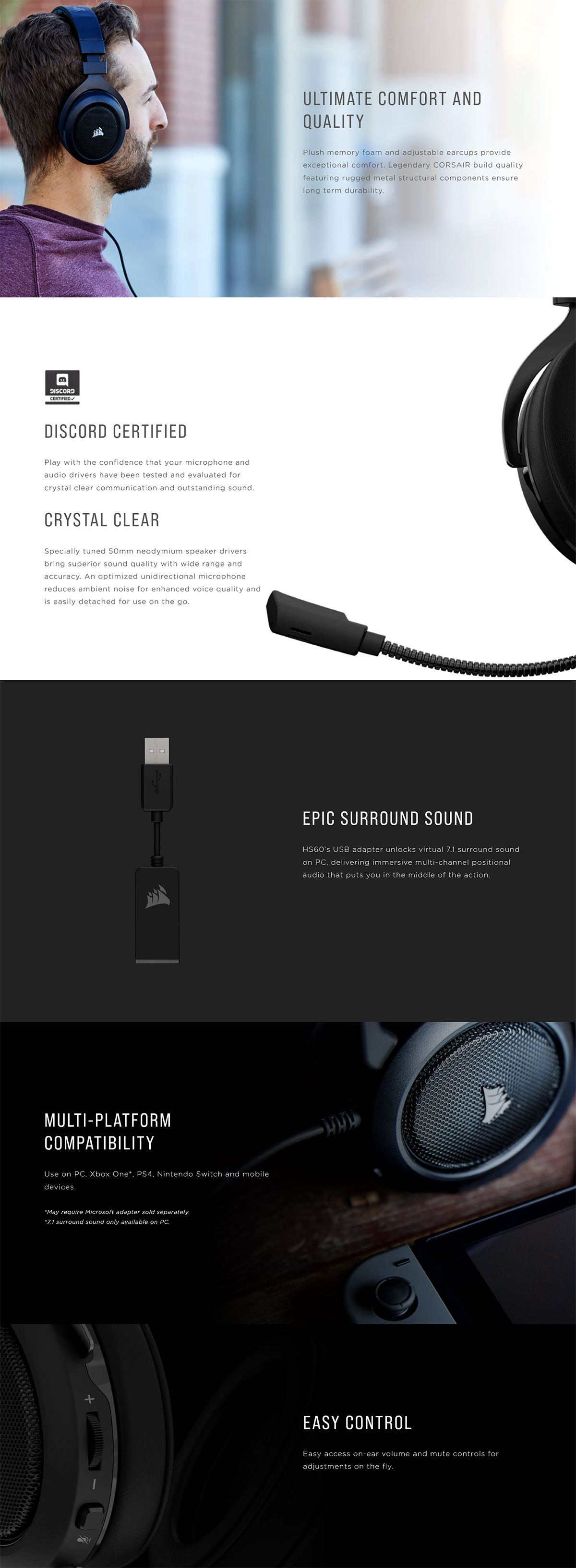 CORSAIR HS60 Surround Sound Gaming Headset Black/White Details