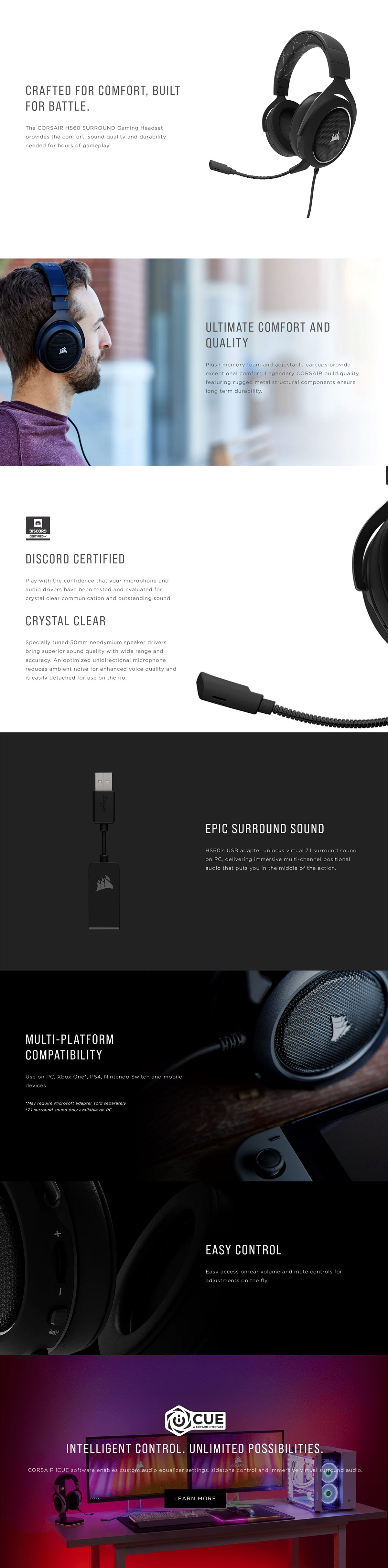 CORSAIR HS60 Surround Sound Gaming Headset Carbon Black CA-9011173-AP Details
