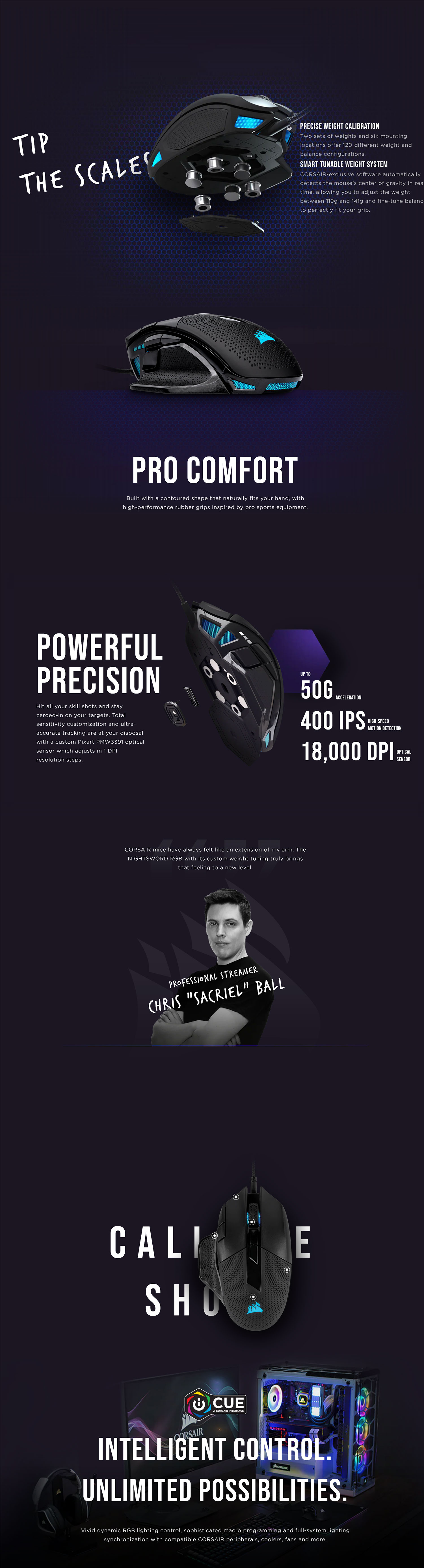 Corsair Nightsword RGB Smart Tunable Gaming Mouse 18000 DPI CH-9306011-AP Details