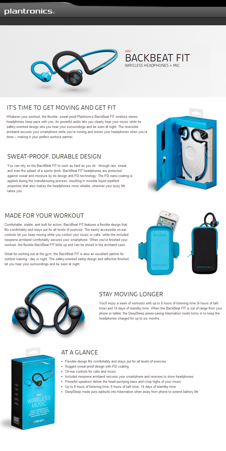 Plantronics Backbeat Fit Power Blue Behind-The-Head Wireless Headphones + Mic Details