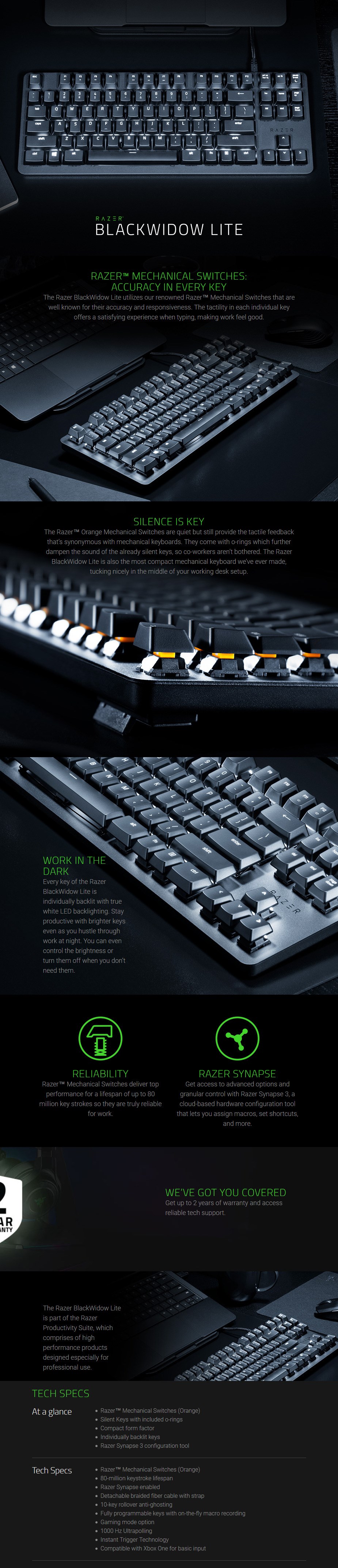Razer BlackWidow Lite Silent Mechanical Gaming Keyboard - Orange Switch RZ03-02640100-R3M1 Details