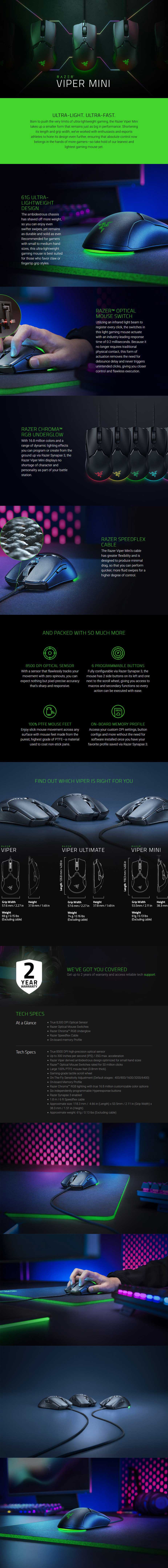 Razer Viper Mini Lightweight Wired Gaming Mouse RZ01-03250100 Details
