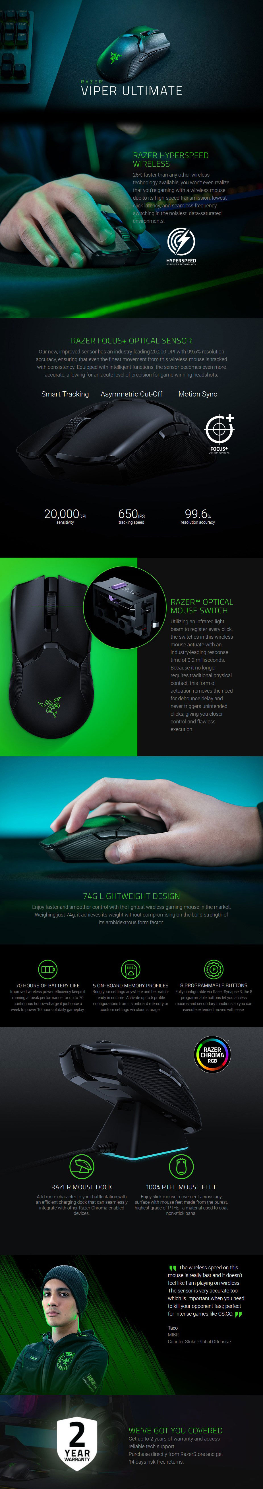 Razer Viper Ultimate Wireless Gaming Mouse with Charging Dock RZ01-03050100-R3A1 Details