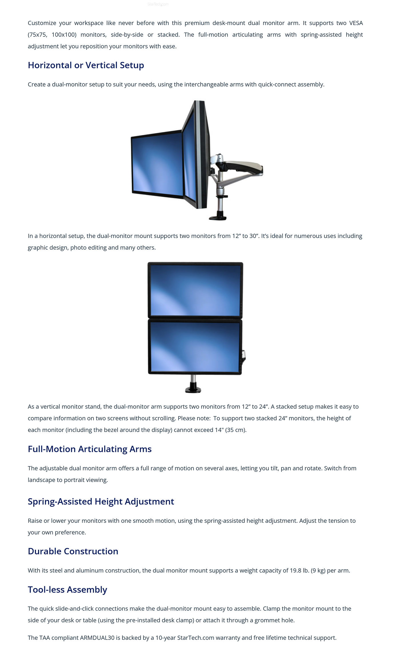 StarTech Dual Monitor Mount with Full-Motion Arms ARMDUAL30 Details