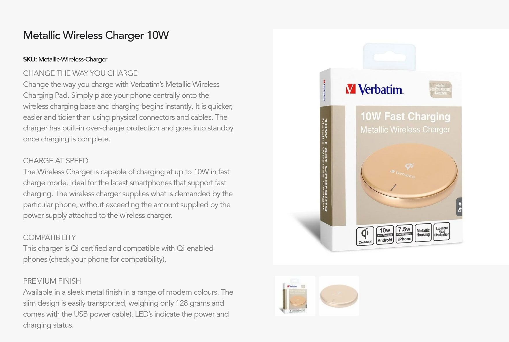 Verbatim Metallic Wireless Charger - Gold MPV-ACC-65795 Details